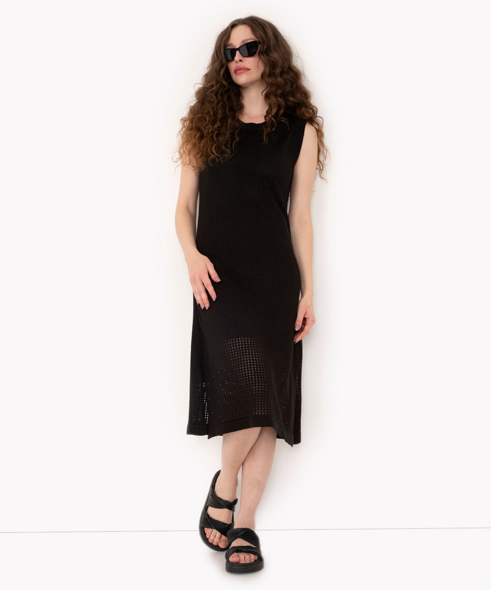 vestido de tricot midi telado com fenda preto