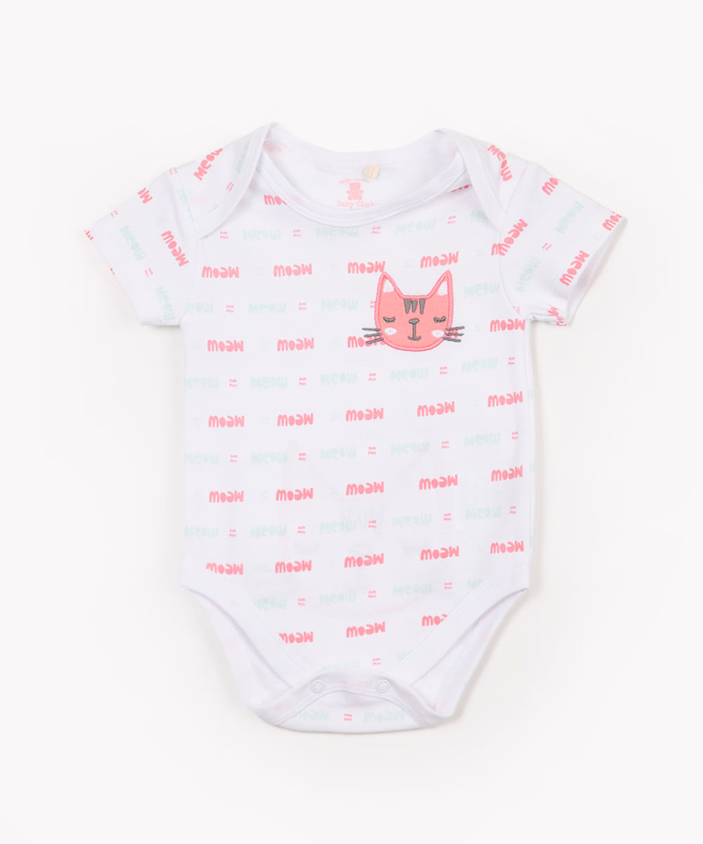 body infantil de algodão manga curta estampado de gatinho "meow" off white