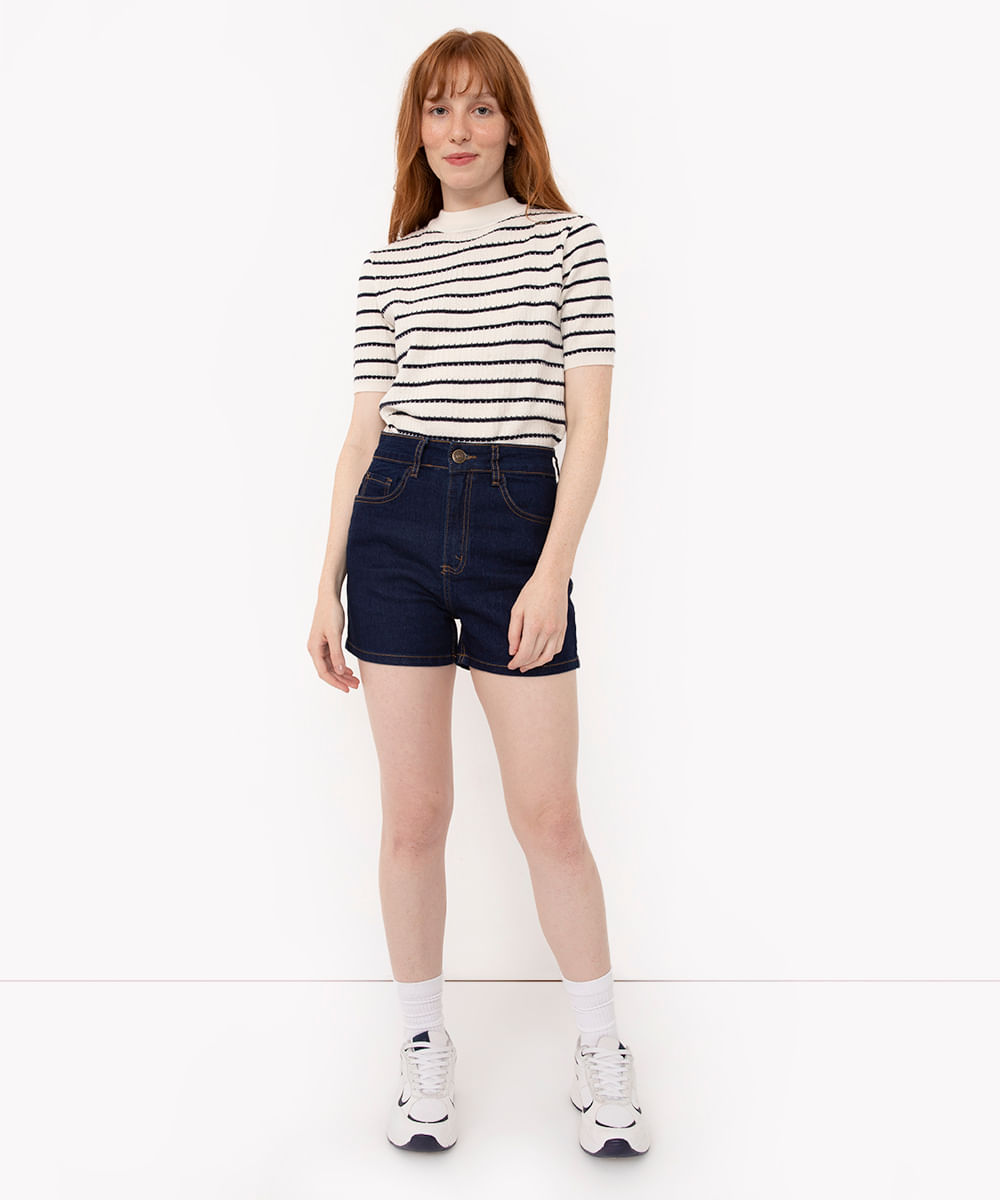 short jeans cintura super alta com bolsos azul escuro