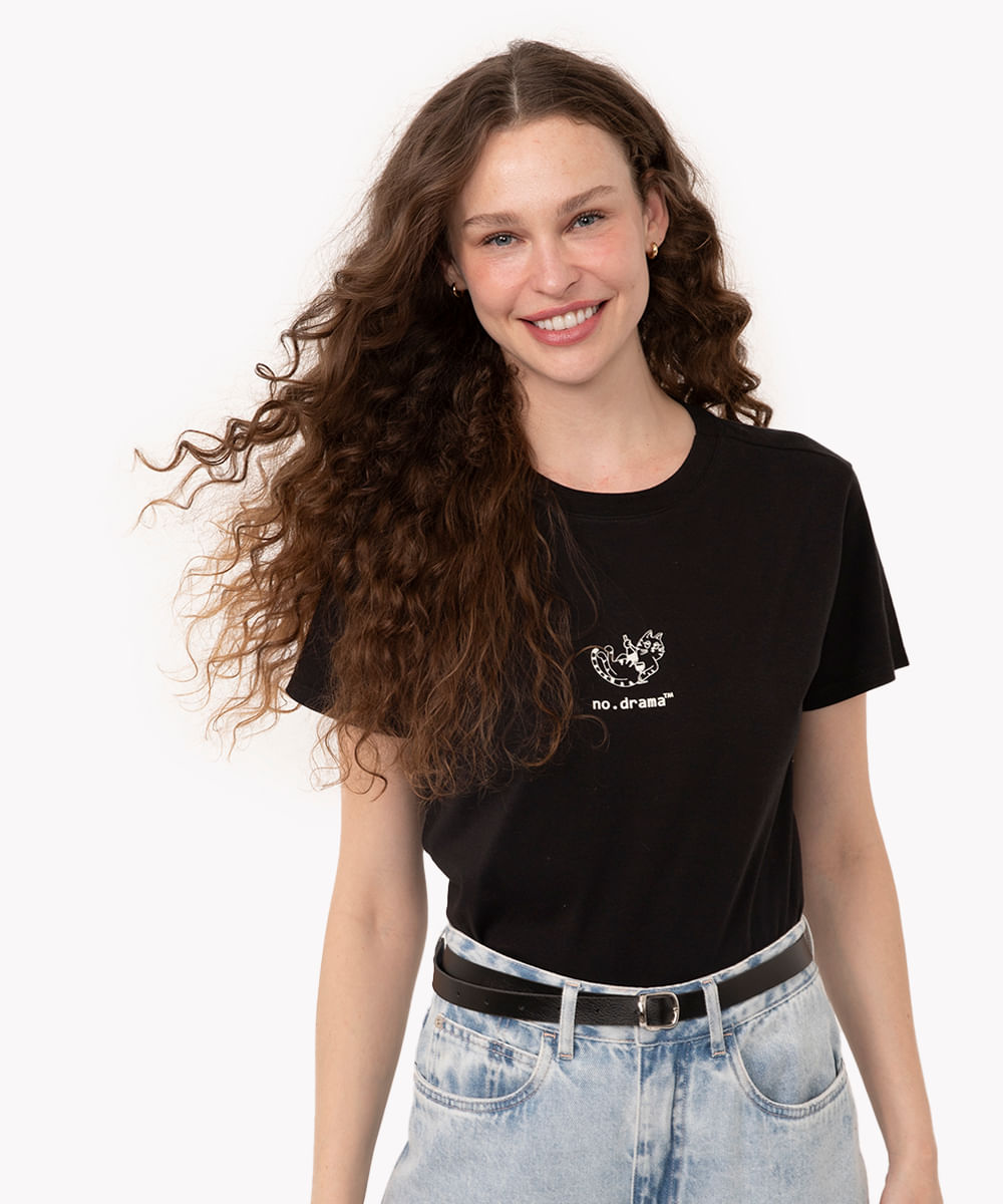 camiseta de algodão no drama manga curta preta