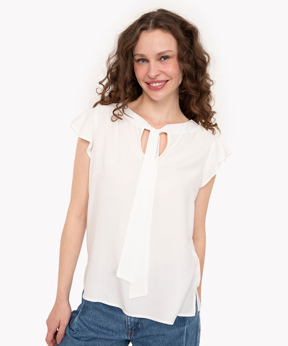 blusa de viscose gola laço manga curta com babado off white