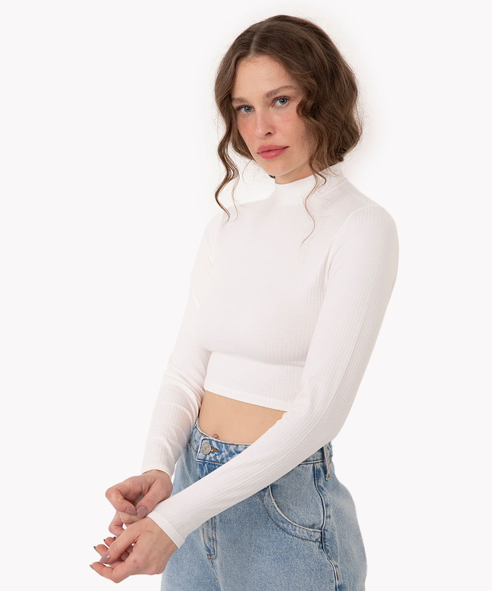 cropped de viscose canelado manga longa gola alta off white