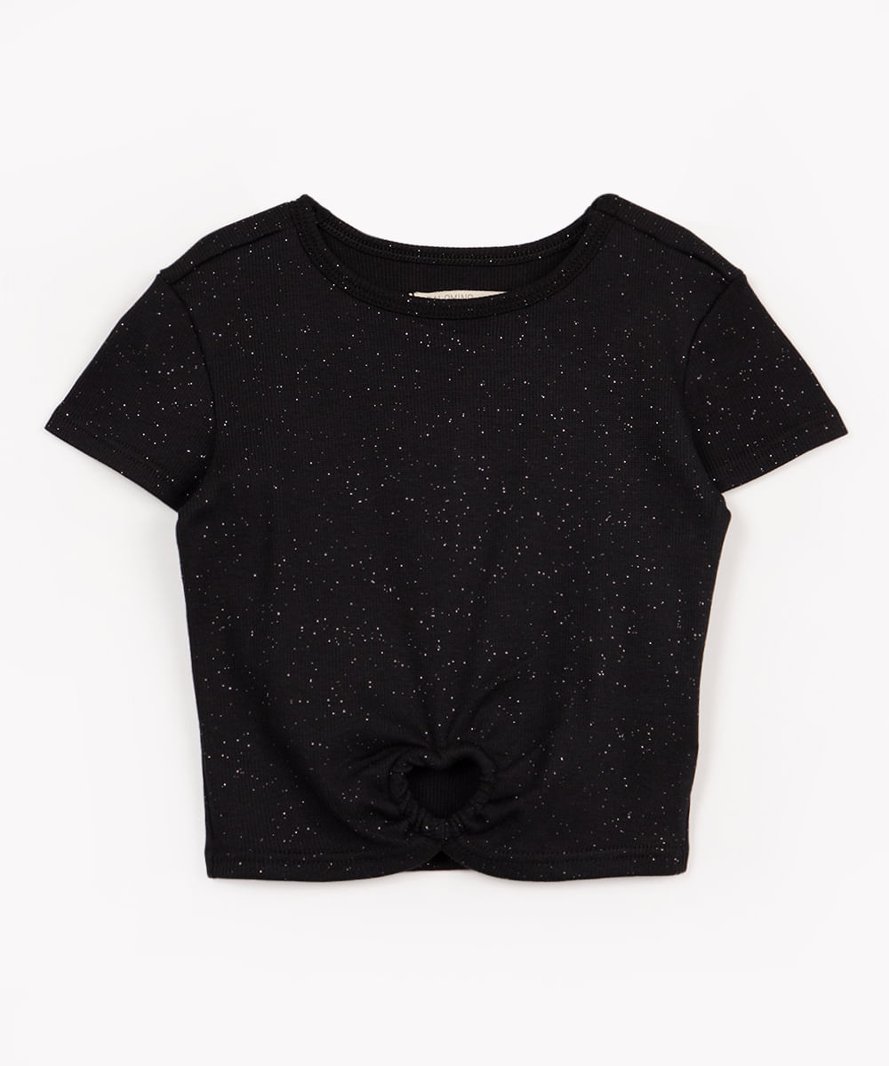 blusa infantil glitter coração manga curta preto