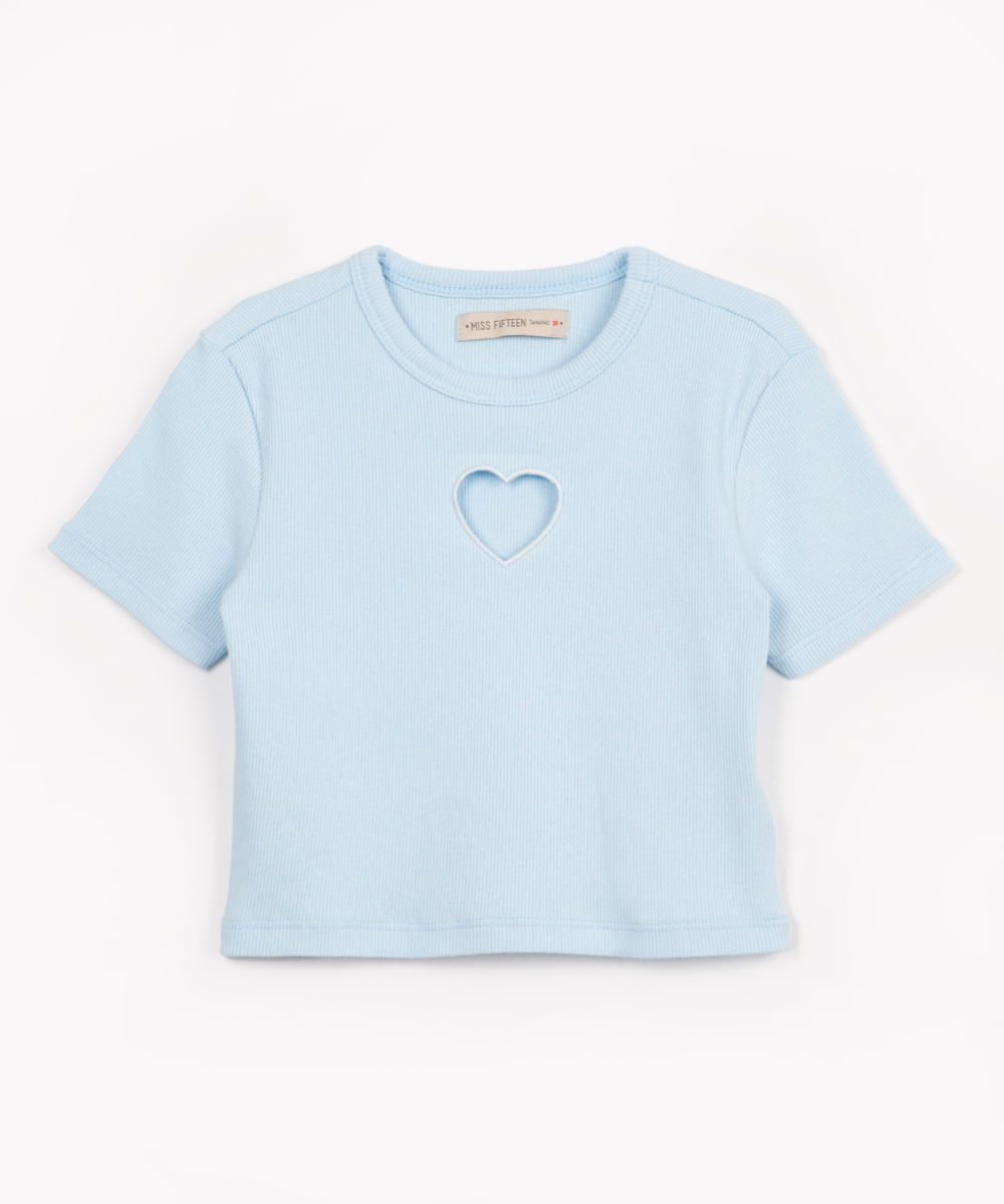 blusa infantil coração vazado manga curta azul claro