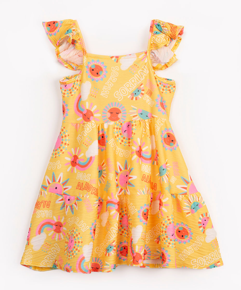 vestido infantil solzinho alça com babado amarelo