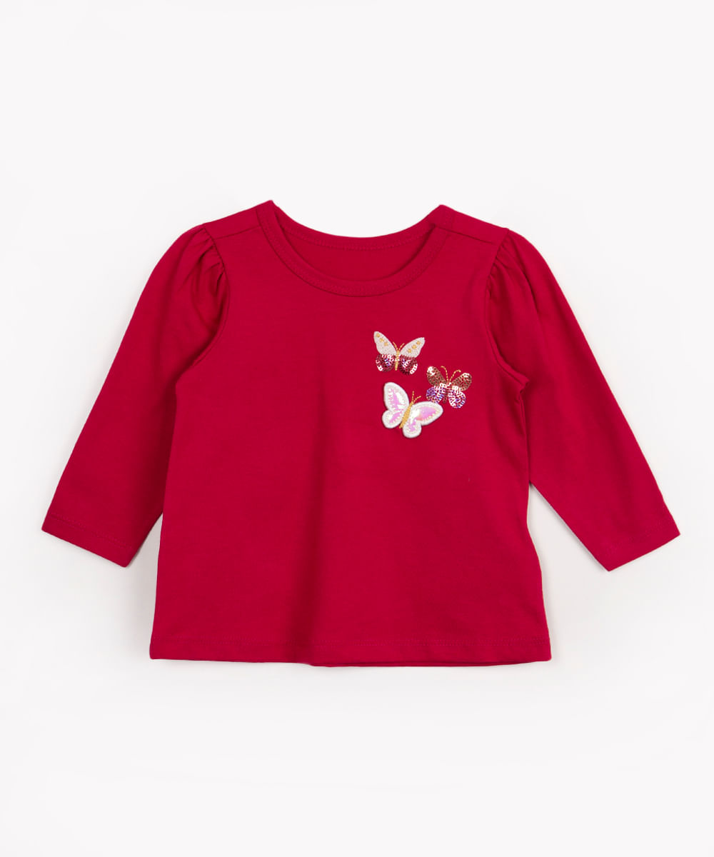 blusa de algodão infantil borboletas com paetê manga longa bufante vinho