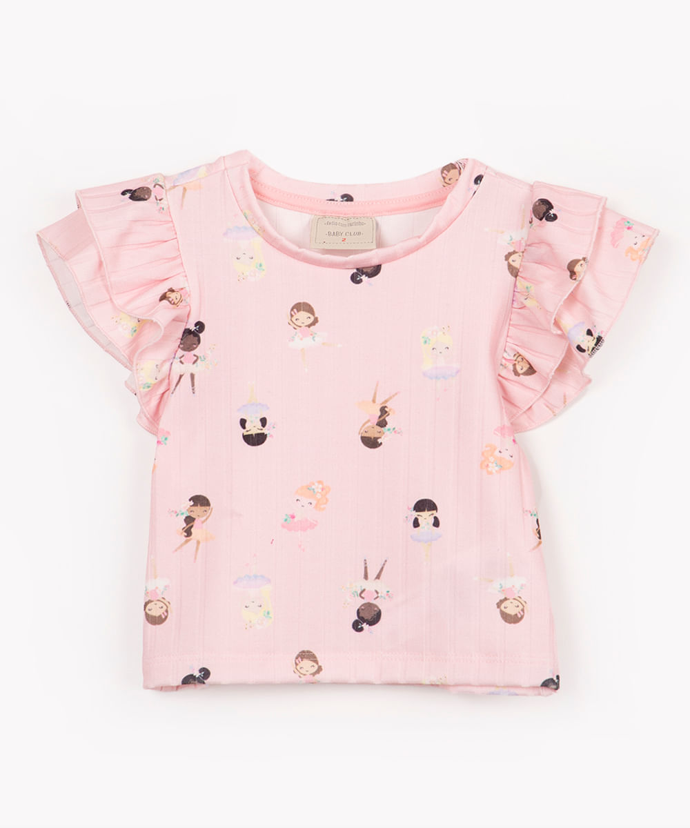 blusa infantil canelada bailarinas manga curta rosa chiclete