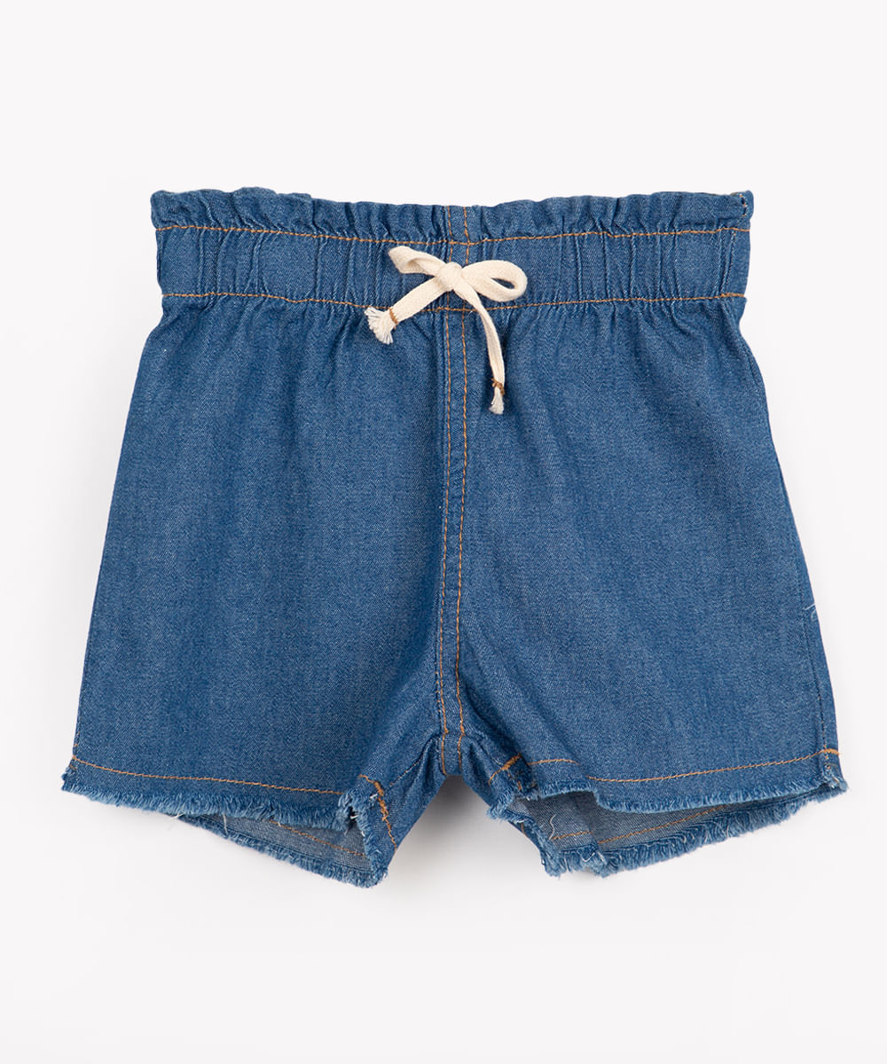 short jeans infantil com elástico cordão e desfiado azul médio