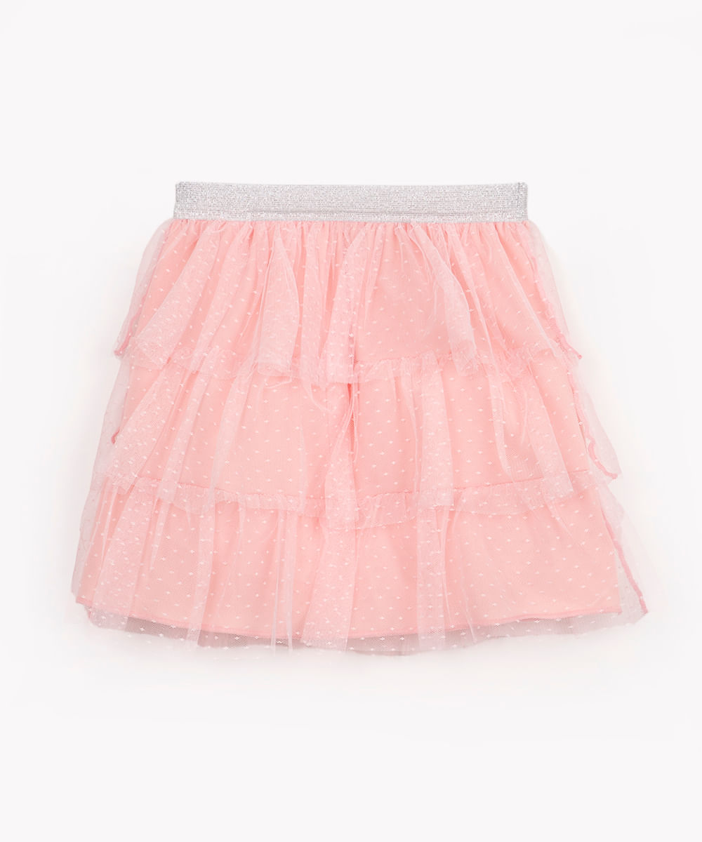 saia infantil de tule com babados rosa claro