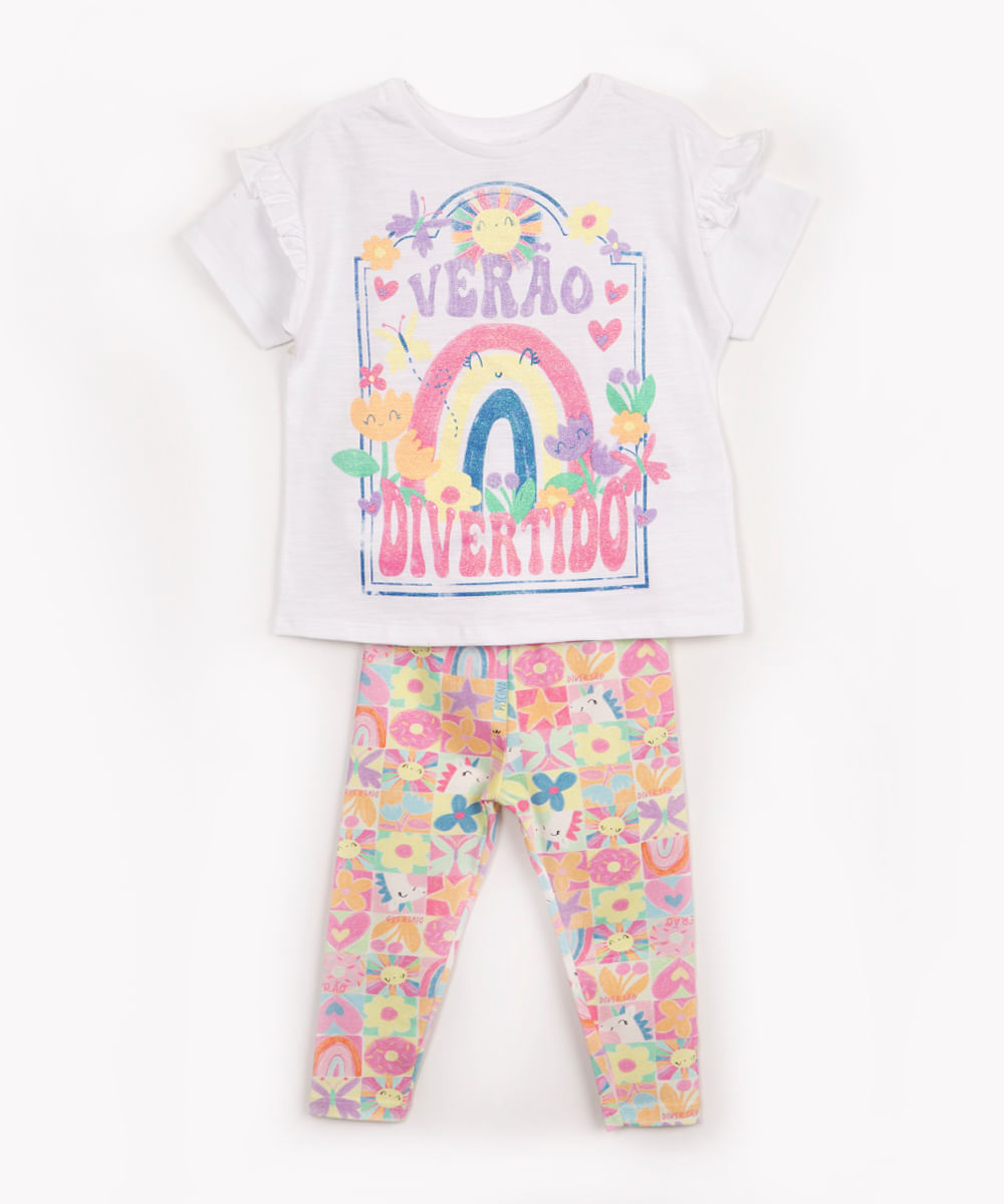 conjunto infantil de algodão manga curta e calça verão divertido off white