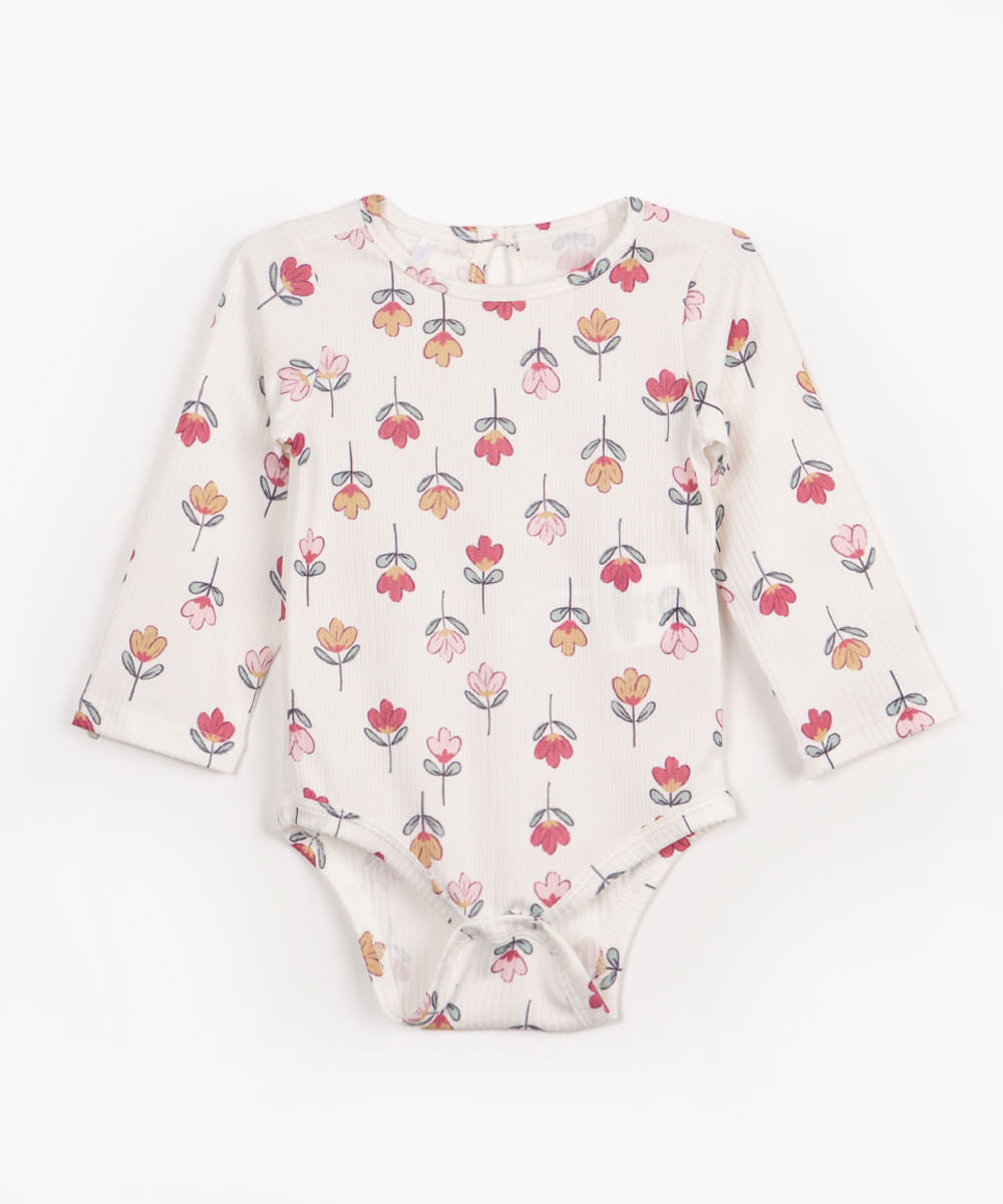 body infantil floral manga longa off white