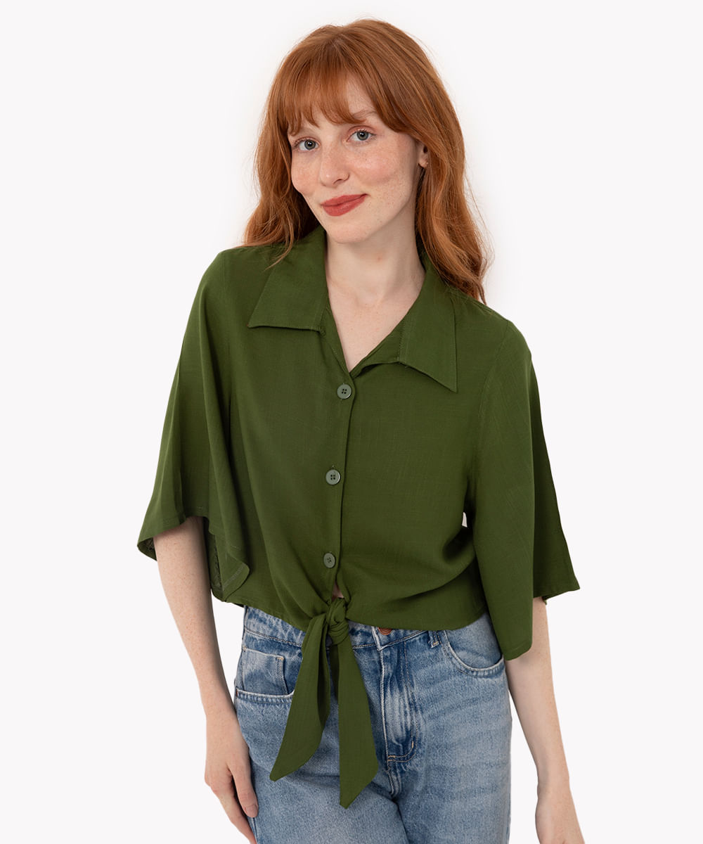 cropped camisa de viscose com nó manga curta verde