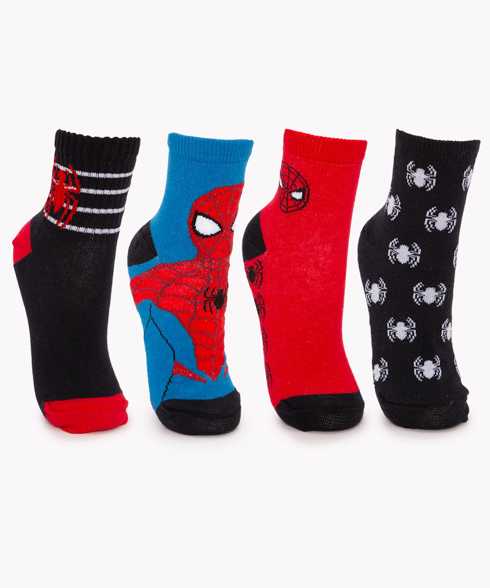 kit de 4 pares de meias infantis spider man cano médio colorido