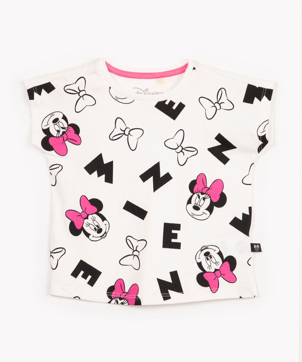 camiseta infantil de algodão minnie manga curta off white