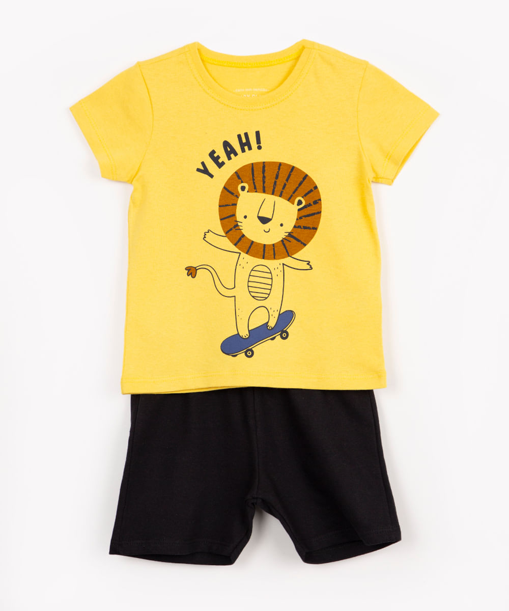 conjunto infantil leão manga curta amarelo