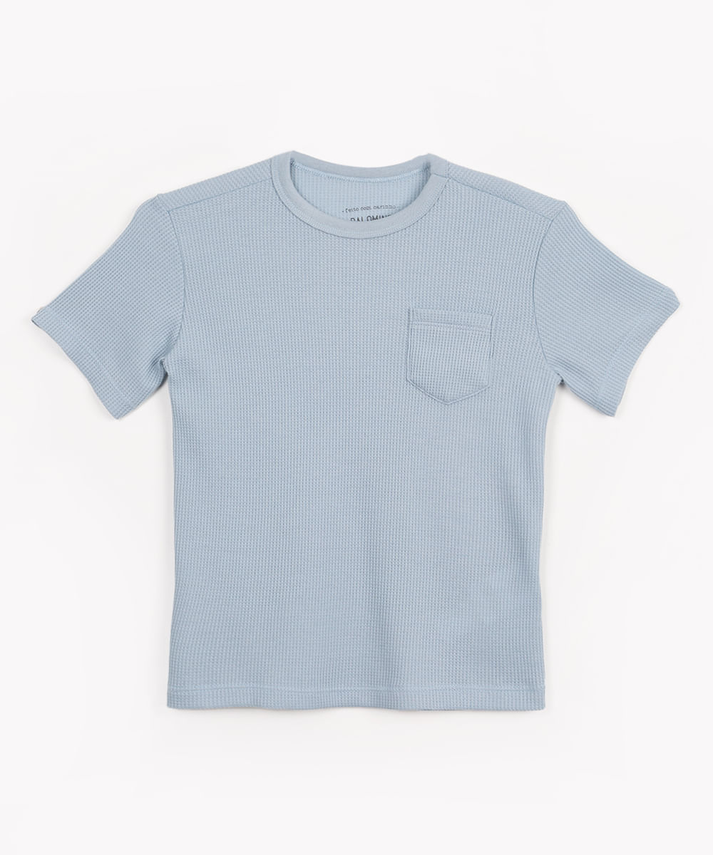 camiseta de algodão infantil texturizada com bolso manga curta azul claro