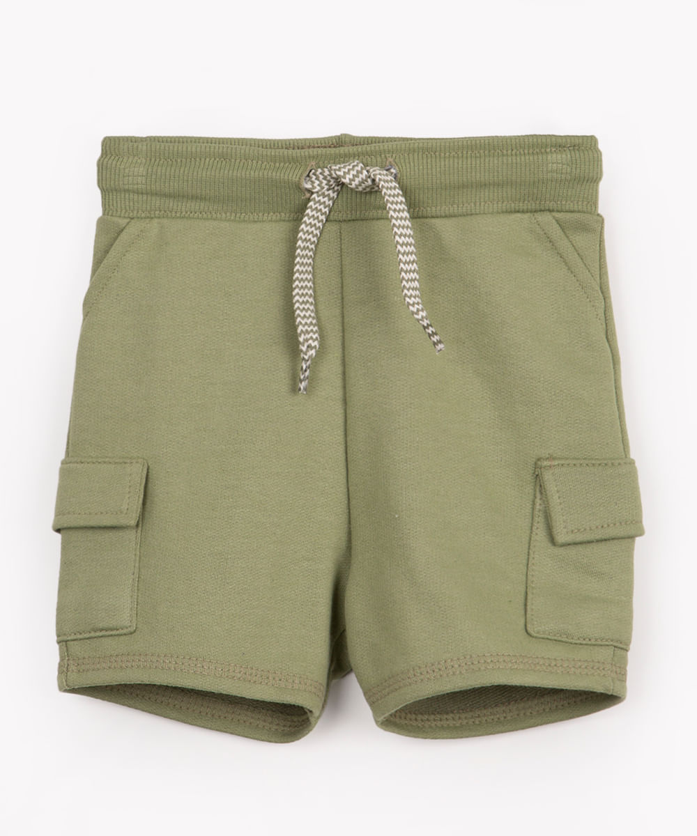 short de moletom infantil com cordão e bolsos verde mate