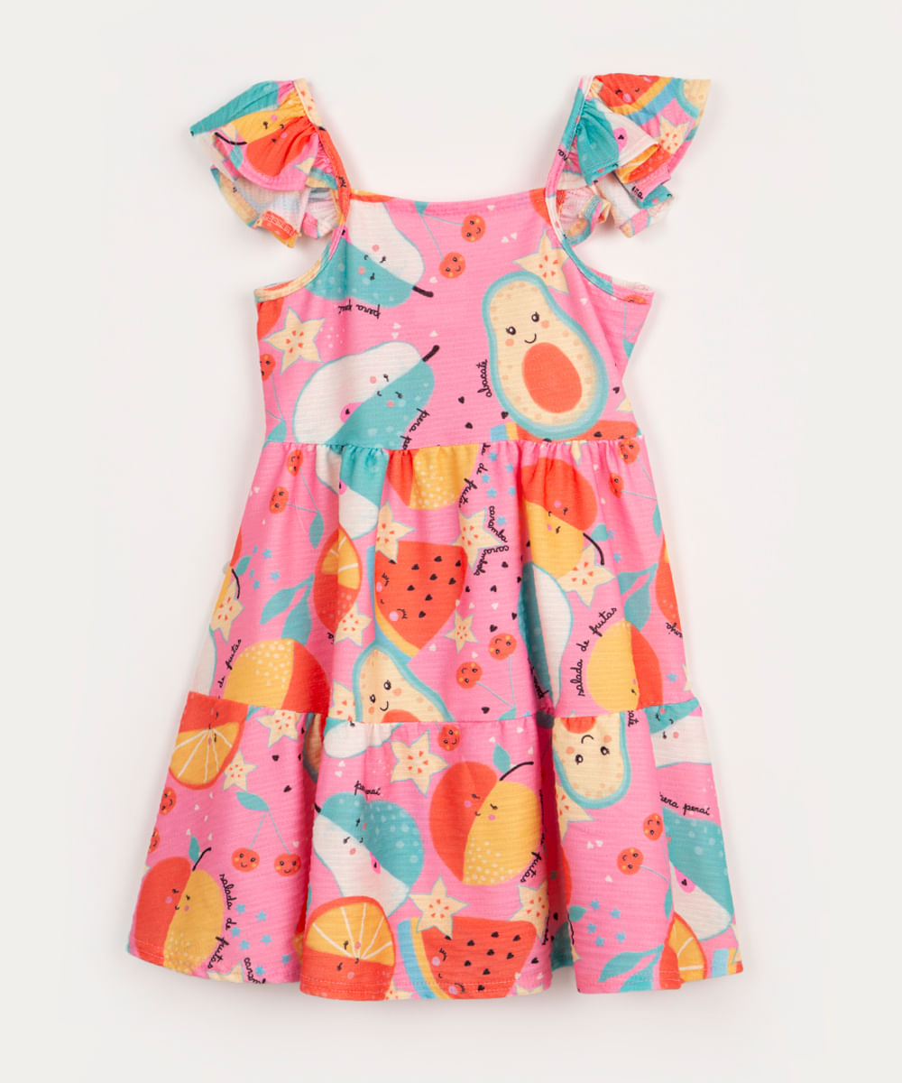 vestido infantil frutas alça com babado pink