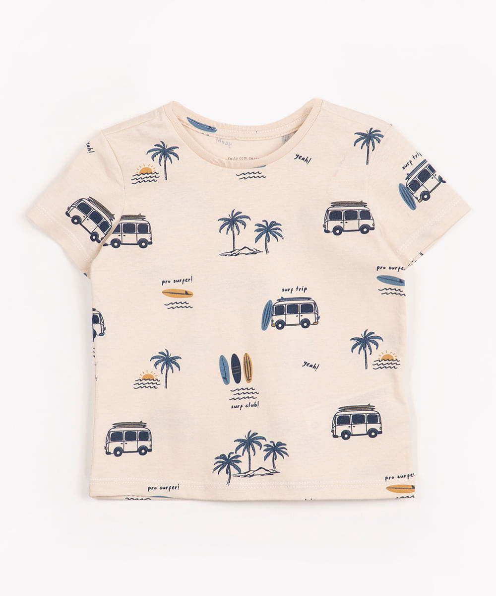 camiseta infantil de algodão surf trip manga curta kaki