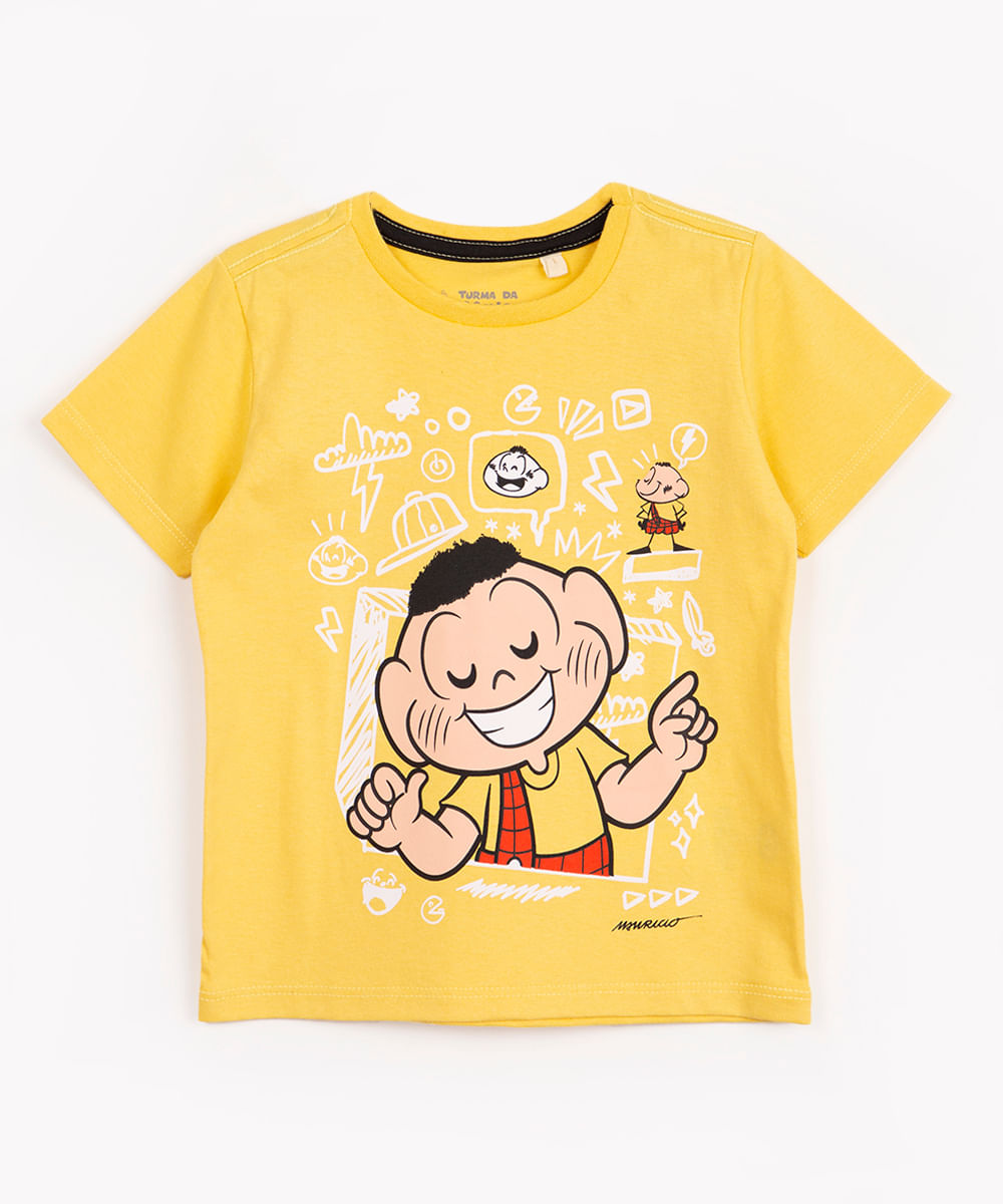 camiseta infantil de algodão cascão turma de mônica amarelo