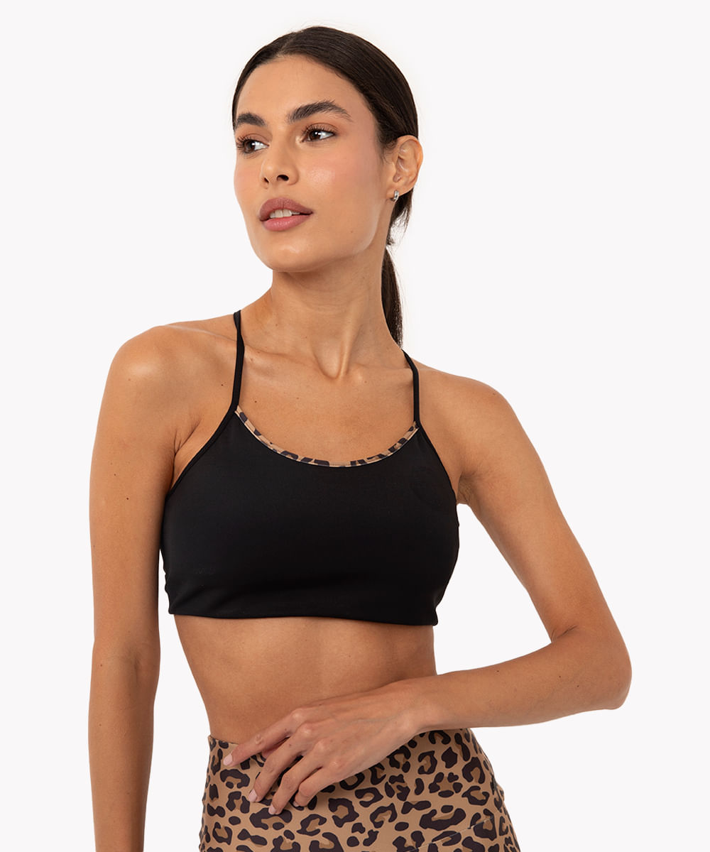 top alça transpassada detalhe animal print esportivo ace preto