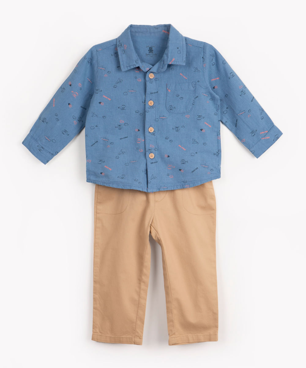 conjunto infantil com linho camisa avião manga longa kaki