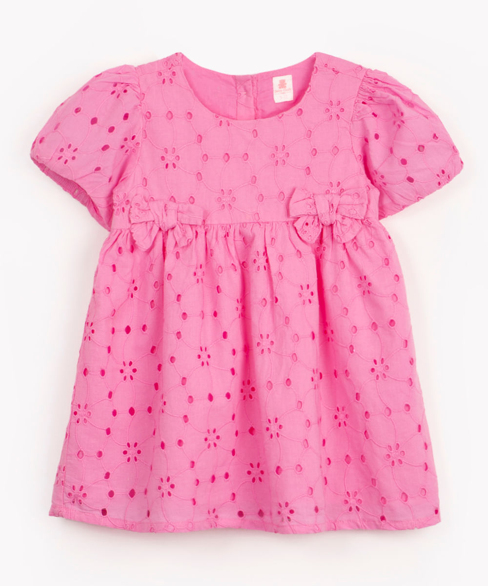 vestido infantil texturizado laços com manga bufante rosa claro