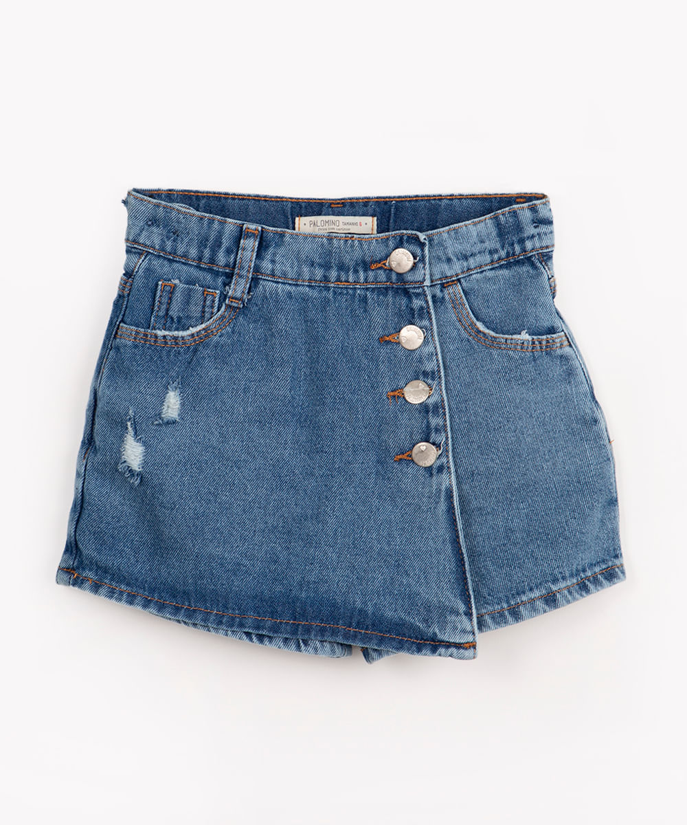 short saia jeans infantil botões azul médio