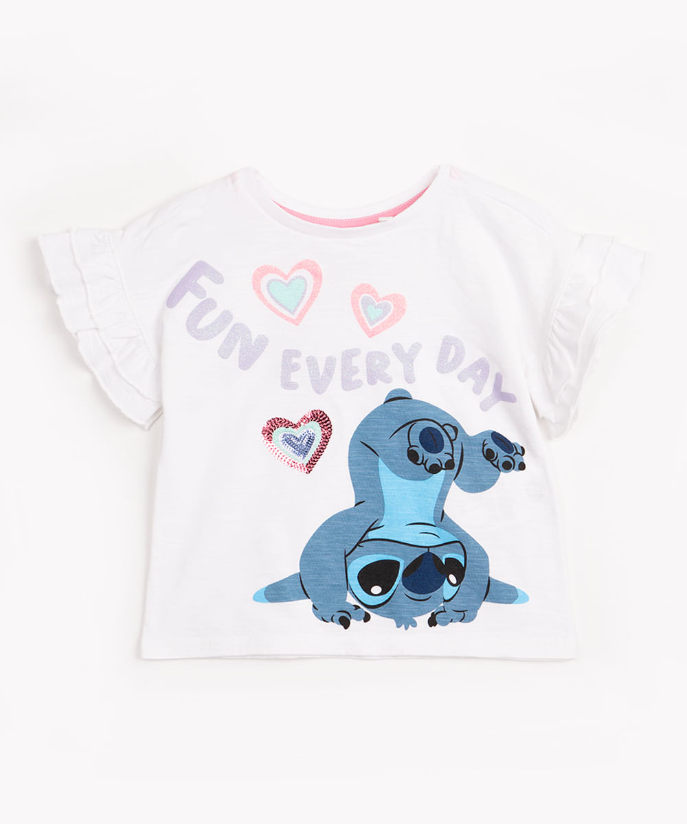 camiseta de algodão flamê stitch manga curta com babado off white