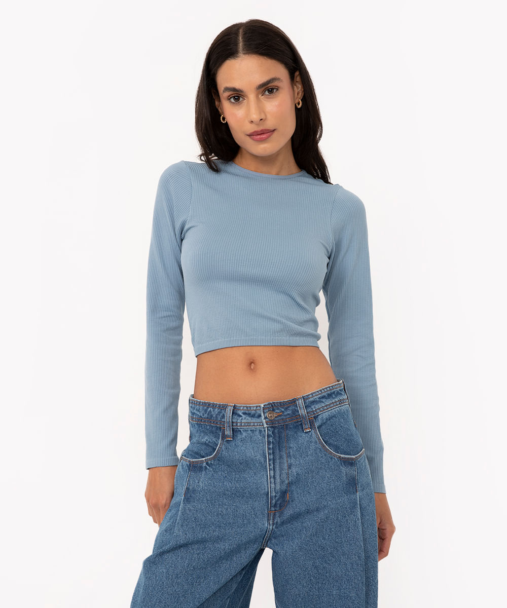 cropped de poliamida manga longa azul claro