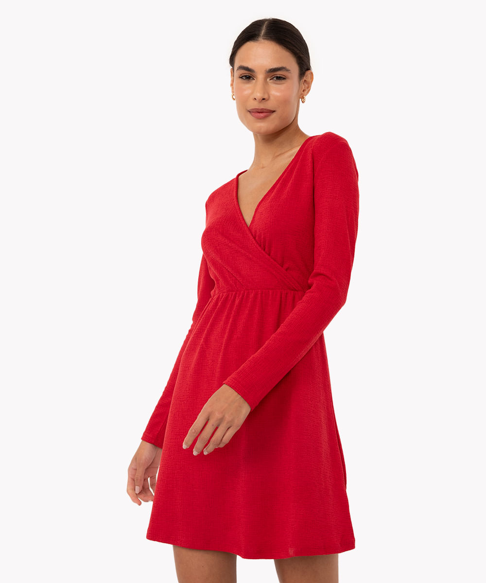 vestido curto de viscose com transpasse manga longa vermelho escuro