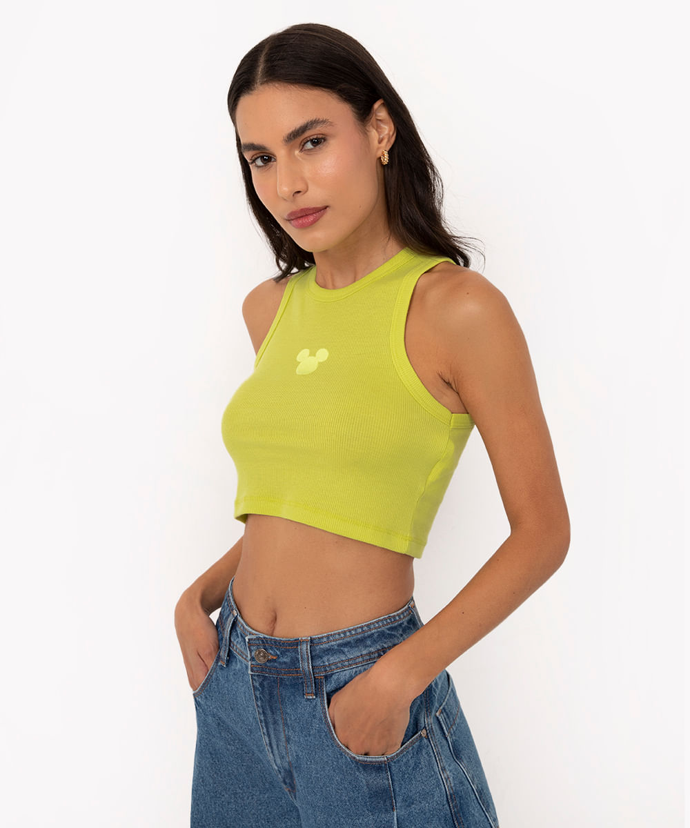 cropped regata mickey mouse decote halter neck verde lima