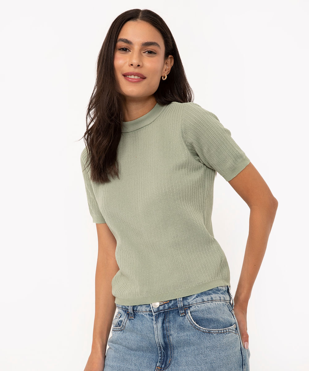 blusa de tricot texturizado manga curta verde claro