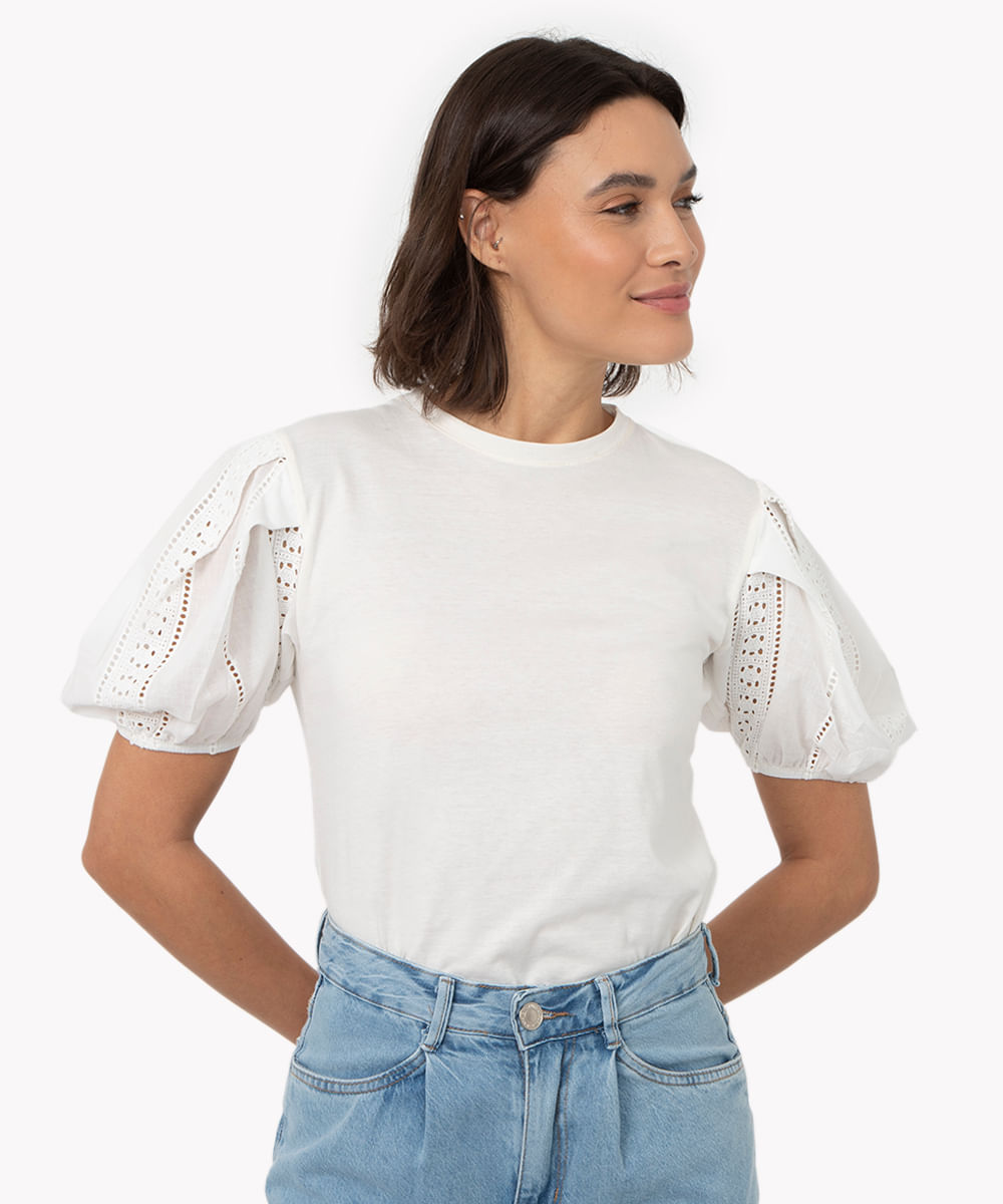 blusa de algodão manga bufante rendada off white