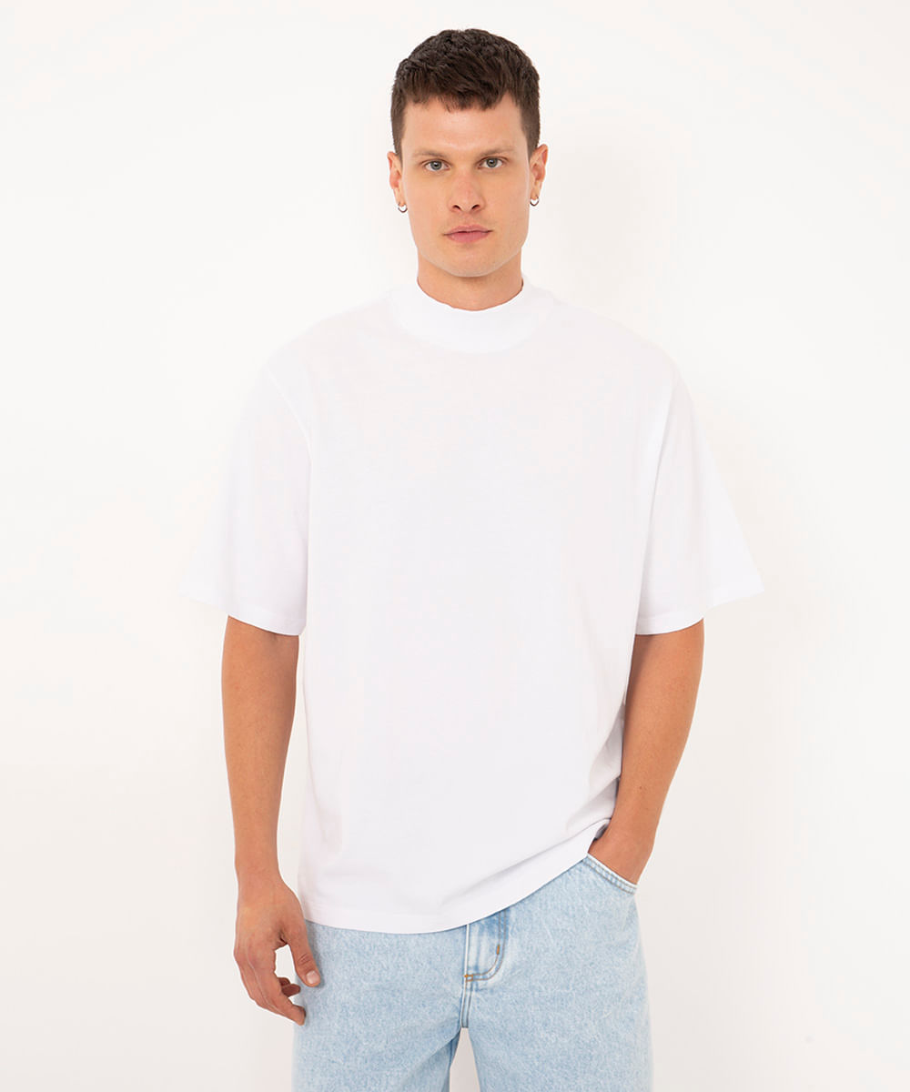 camiseta de algodão oversized gola careca alta branco - branco