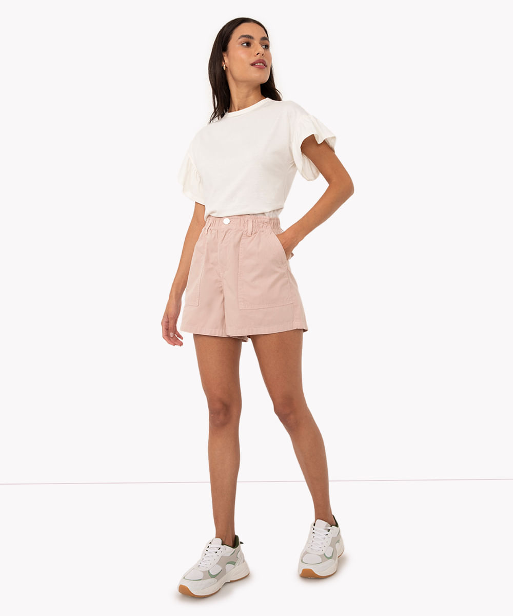 short de sarja clochard cintura super alta com bolsos rosa claro