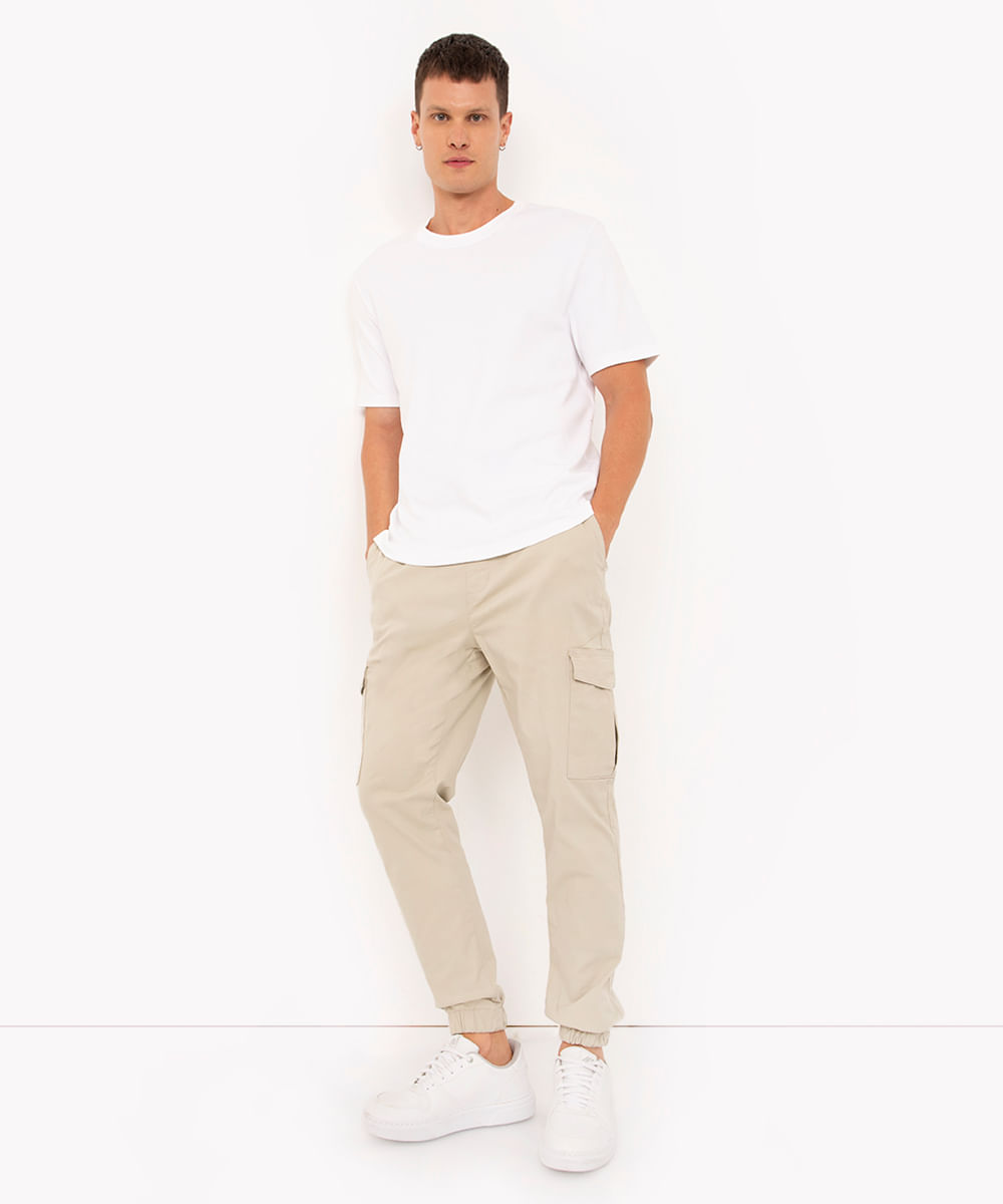 calça jogger cargo de sarja com cordão preta - areia