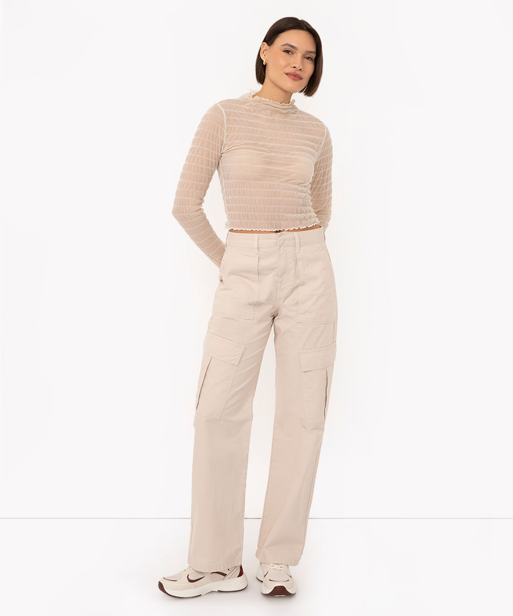 calça de sarja wide leg slim cargo cintura alta areia