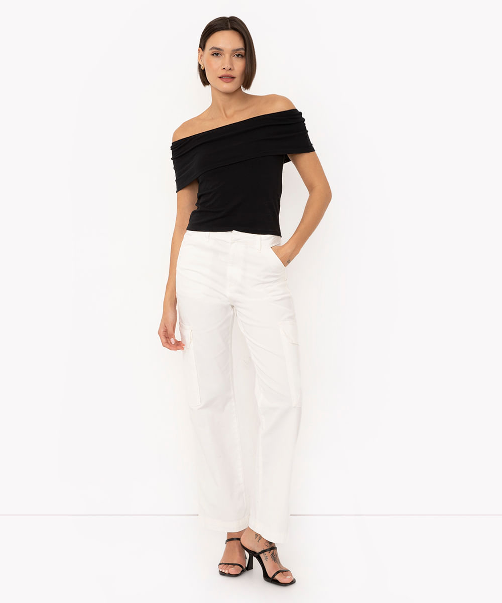 calça de sarja wide leg cargo cintura super alta off white