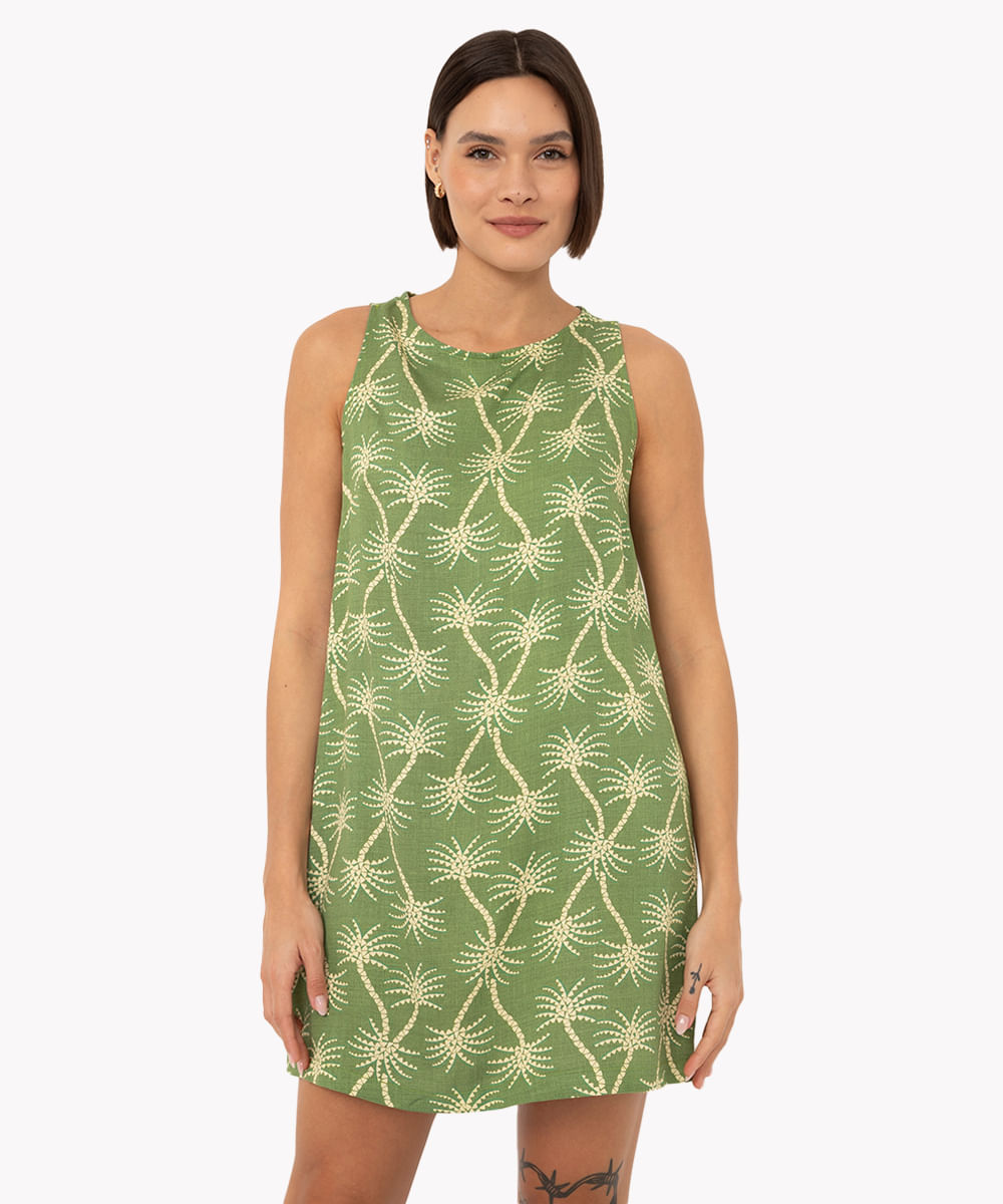 vestido curto de viscose coqueiros com botão regata verde