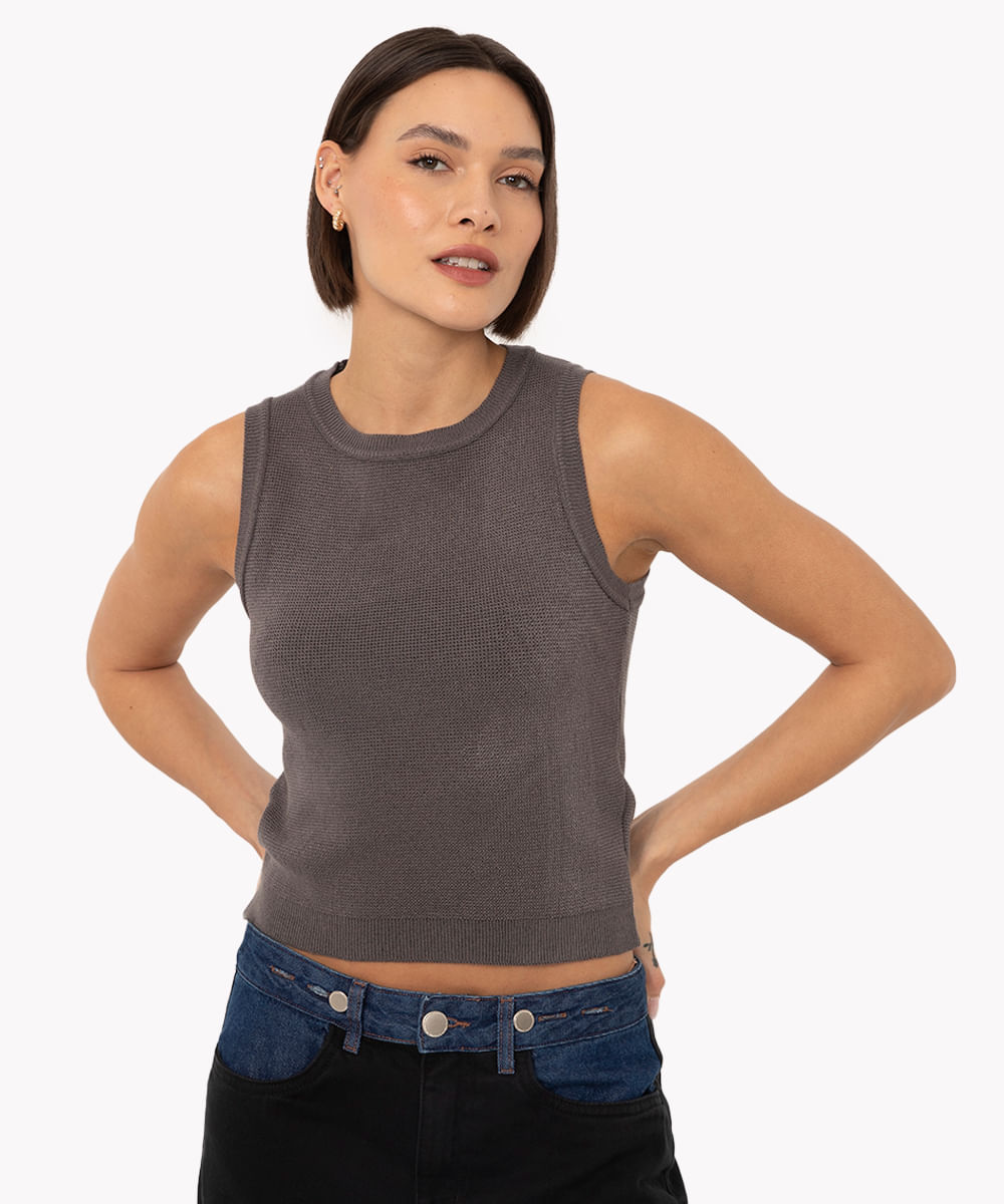 blusa de tricot decote halter neck chumbo