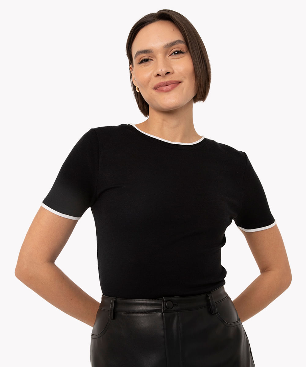 blusa de tricot manga curta preta