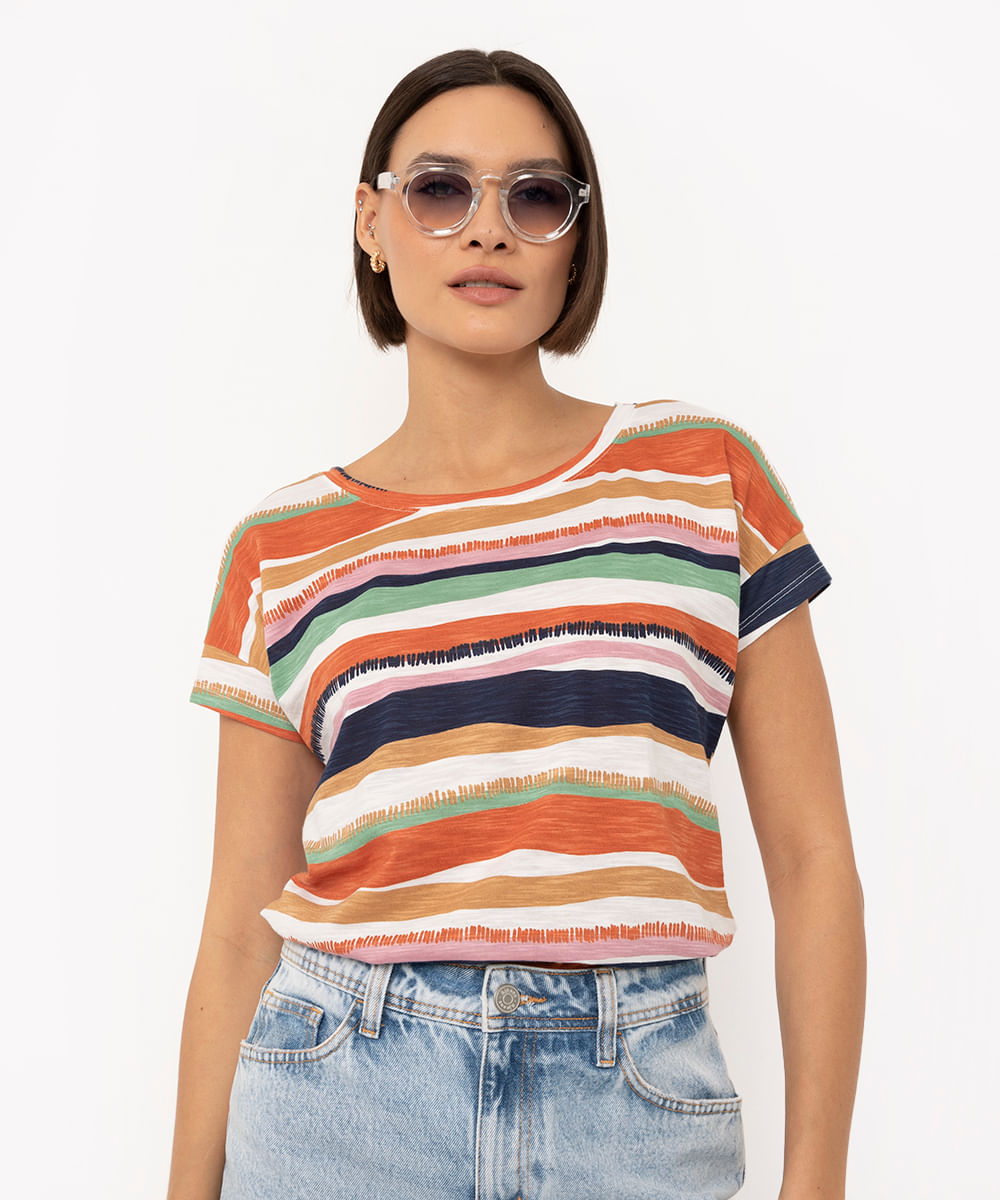 blusa de algodão em flamê listrada manga curta off white