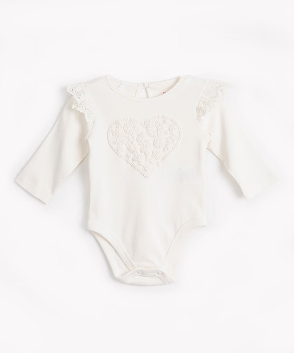 body infantil de algodão manga longa coração off white