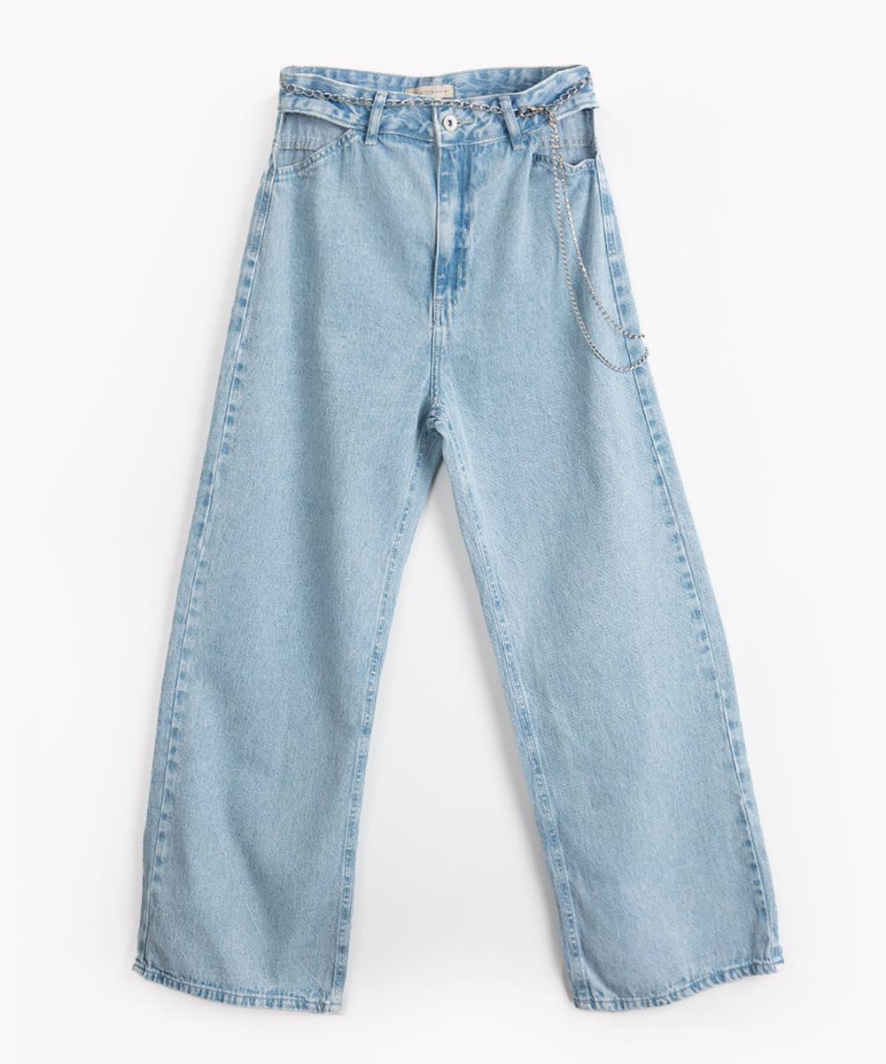 calça jeans juvenil wide leg cut out com correntes azul médio