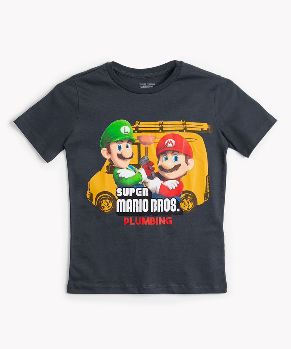 camiseta de algodão infantil super mario bros chumbo