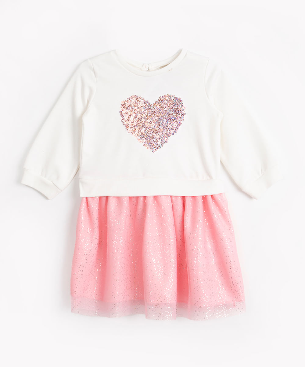 vestido infantil de moletom manga longa com saia de tule off white