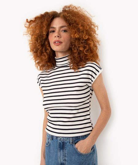 blusa de algodão listrada gola alta off white PP