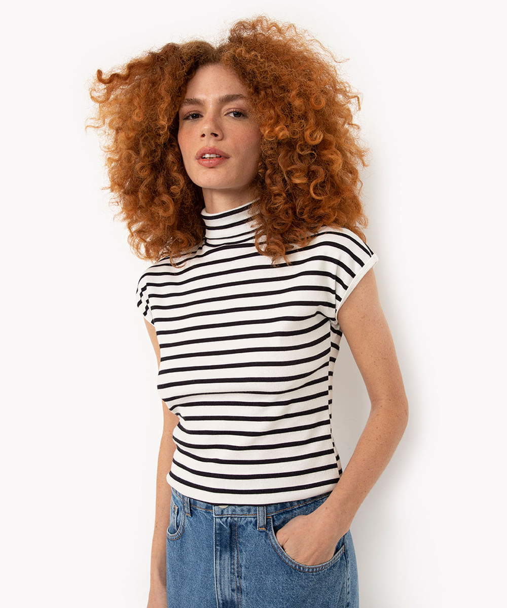 blusa de algodão listrada gola alta off white