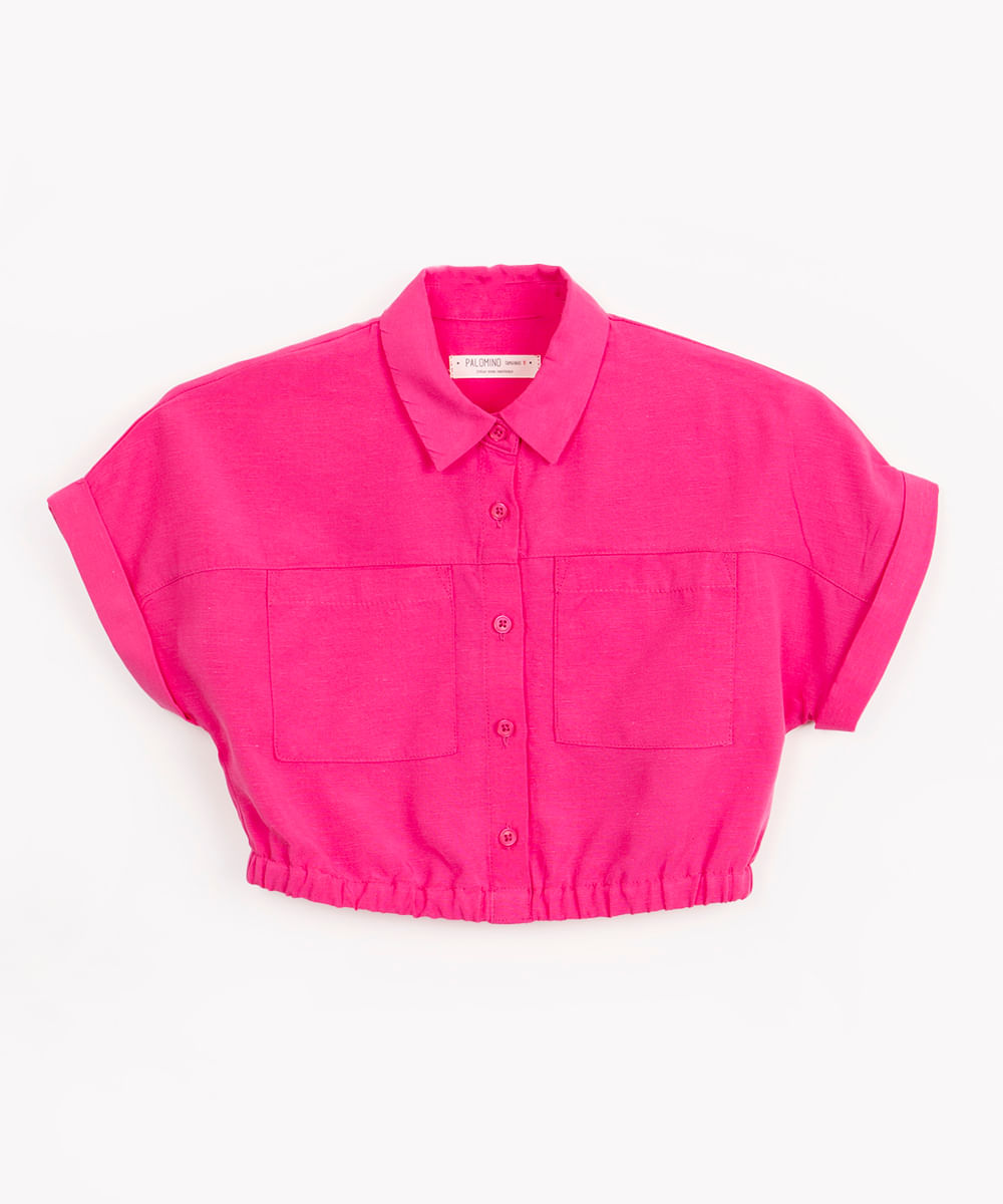 blusa com linho infantil e bolsos manga curta pink